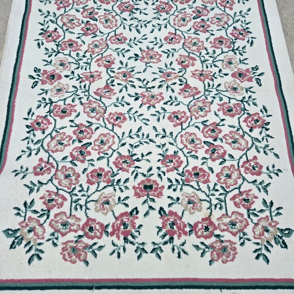 Floral Rose Accent Rug Area Rug Cream Pink Green Fringe USA 47" x 71 in - Picture 2 of 12